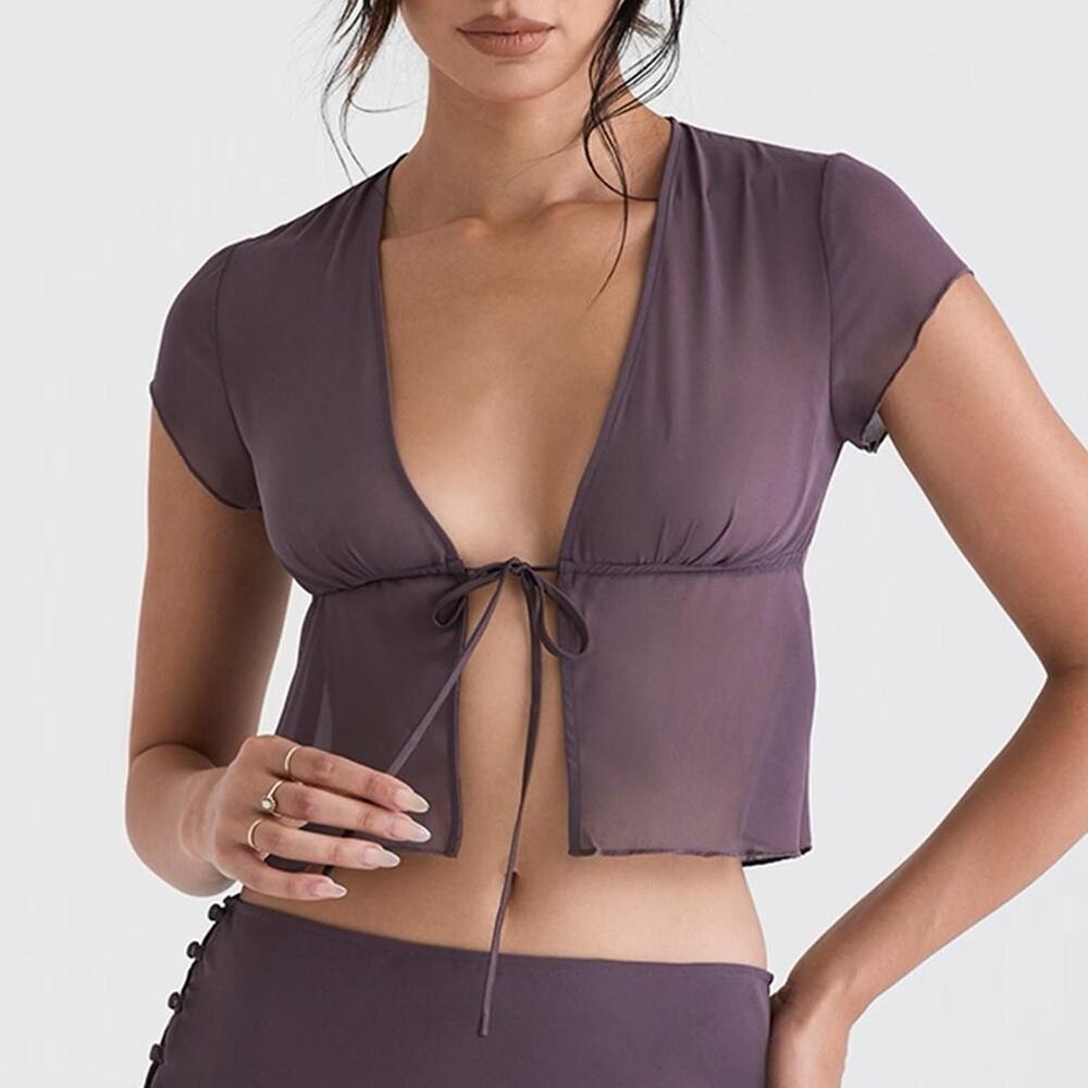 House of CB Maia Tie Front Top in Dark Mauve, size XS